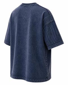 Camiseta de mezclilla lavada a la piedra de manga corta con cuello redondo oversize para hombre, color liso, algodón, estilo casual, ribete en contraste, estilo urbano, MOQ bajo - Product Image 6