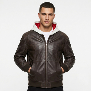 Sweat à capuche en cuir véritable pour homme avec fermeture éclair intégrale sur le devant, poches latérales, manches longues, OEM - Product Image 1