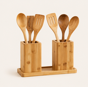 Porte-ustensiles de cuisine écologique à double compartiment, support à couverts en bois, résistant à la chaleur et antiadhésif, sûr et biologique, en promotion - Product Image 1