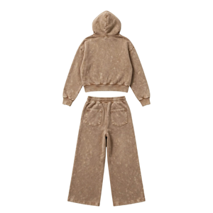 Ensemble survêtement vintage deux pièces marron délavé à l'acide avec sweat à capuche zippé et pantalon de survêtement large – Vêtements streetwear écologiques pour l'hiver - Product Image 2