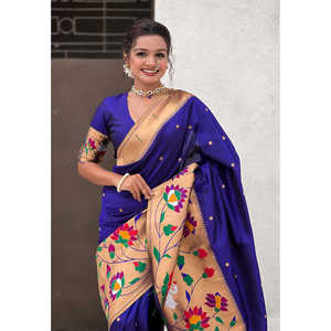 ผ้าไหมพิธานีสีม่วงพร้อมลายปักขอบใหญ่แบบซารี  เสื้อผ้าอินเดียและปากีสถาน  งานทอระดับพรีเมียม - Product Image 2