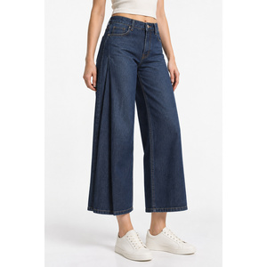 Culottes de mezclilla de cintura media y pierna ancha para mujer con pliegues laterales - Índigo - Product Image 3
