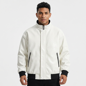 <b>Men's</b> <b>White</b> <b>Jacket</b> Stand Collar Zipper Casual Autumn Style Regular Fit Embossed Texture Solid Color - Product Image 6