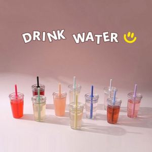 Gobelets à boisson en plastique écologiques de 450 ml, coloris bonbon, transparents et multicolores avec pailles - Product Image 4
