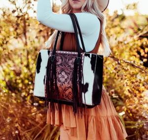 Sac fourre-tout en cuir de vachette western avec franges – Sac à main vintage fait main pour femme, style bohème ranch - Product Image 1