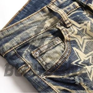 Jeans de Mezclilla para Hombre BLOODLINE, Corte Recto, Desgastados, Cintura Alta, Ajustados, de Algodón, Estilo Casual de Verano, con Estampado de Estrellas - Product Image 1