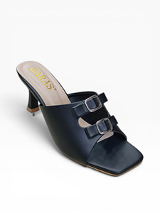Sandales à talons en cuir verni noir pour femmes, bout carré, double boucle, talon moyen, élégantes, toutes saisons, bout ouvert, confort décontracté - Product Image 1