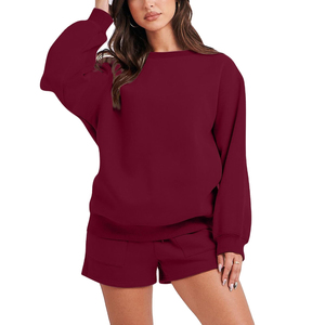 Nuevo Conjunto de Sudadera y Pantalones Cortos de Dos Piezas para Mujer, 100% Algodón, Sólido, Ecológico, Transpirable, Personalizable, Cómodo - Product Image 1