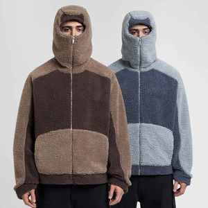 Sudadera con capucha de invierno personalizada, cálida, de sherpa, estilo ninja, de forro polar grueso y esponjoso, con bloques de color y bordado, de peso pesado, con cremallera de media cara y diseño de máscara. - Product Image 5