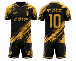 ชุดเสื้อฟุตบอลสีดำทองแบบซับลิเมชั่นพร้อมกางเกงขาสั้น ชุดกีฬาโพลีเอสเตอร์ระบายอากาศได้ดี สำหรับทีมฟุตบอล ชุดยูนิฟอร์มสำหรับผู้ใหญ่ - Product Image 4