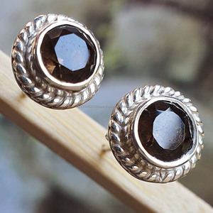 Pendientes de tuerca de cuarzo ahumado de estilo Vintage de Plata de Ley 925, joyería de piedra marrón chapada en oro para mujeres para bodas y compromisos - Product Image 1