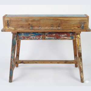 Bureau d'écriture DIVADI fait main en bois de bateau recyclé, style simple et minimaliste, écologique, antique, pour la maison ou le bureau, avec tiroirs - Product Image 5