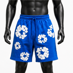 Shorts de sport décontractés pour hommes, personnalisables avec logo, en coton épais 100%, imprimés en relief, style streetwear ample et vintage - Product Image 1