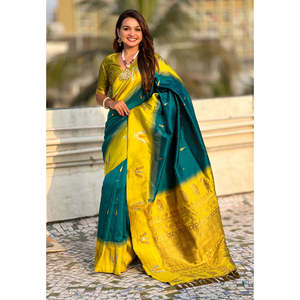 ผ้าไหมซารีทอแบบดั้งเดิมของอีลิท วีฟส์ ซาวธ์  ลายติลัก  ผ้าไหมเนื้อนุ่ม  ปักดิ้นทอง  สีฟ้าทะเล  ชุดเดรสสวยสง่า - Product Image 5