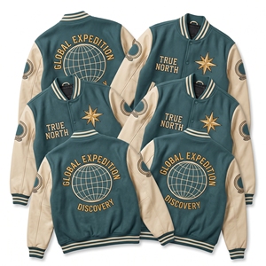 Blouson universitaire en laine vert sarcelle, style Letterman, avec broderie étoile boussole True North et détails en cuir crème, collection Global Expedition - Product Image 1