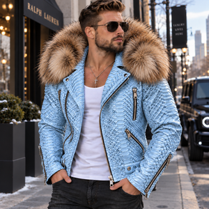 Men's Embossed Python <b>Leather</b> <b>Biker</b> <b>Jacket</b> Breathable Summer Casual Style - Product Image 4
