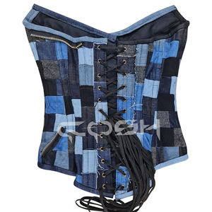 Corset bustier en jean patchwork streetwear, style rétro, effet usé, avec fermeture éclair antique sur le devant - Product Image 3