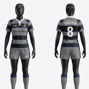 Uniforme de rugby personnalisé sublimé, polyester interlock 280 GSM, gris et noir, design à panneaux horizontaux, logo brodé et imprimé - Product Image 4
