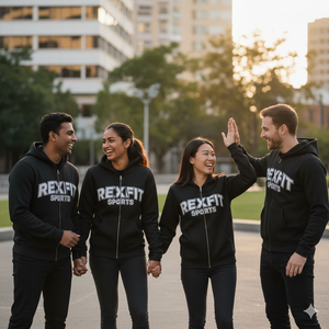 Sweat à capuche unisexe REX FIT SPORTS, coupe ample, fermeture éclair, coton lourd, impression 3D personnalisée OEM pour hommes. - Product Image 4