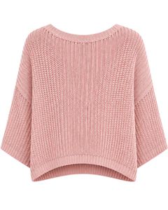 Pull court tricoté rose oversize pour femme, ample, ajouré, à manches larges, style streetwear décontracté, doux et côtelé - Product Image 2
