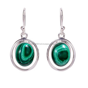 Handmade 925 Sterling Silver <b>Earring</b>, Handmade Oval Shape Malachite <b>Earring</b>, Malachite Silver Dangle <b>Earring</b> - Product Image 1
