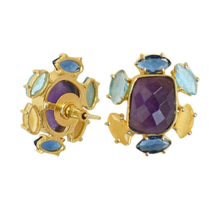 Boucles d'oreilles clous en améthyste faites à la main, plaqué or 18 carats, laiton, géométriques, classiques, pour soirée, vente en gros - Product Image 4