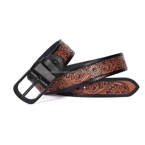 2026 Trending Unisex Western High Quality Vintage Leather <b>Tooling</b> <b>Belt</b> Handmade Floral Embossed Custom Length Alloy Pin Buckle - Product Image 2