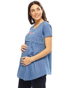 Camiseta de maternidad con estampado de puntos azules para mujer, camiseta de manga corta con cuello redondo, corte holgado, informal, de algodón, para primavera y verano - Product Image 2