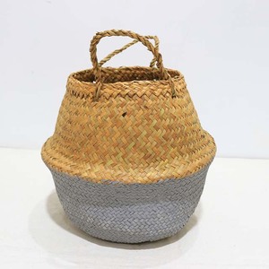 Top Rated Natural Palm Leaf <b>Woven</b> <b>Basket</b> Foldable Round Belly Planter with Handles - Product Image 2