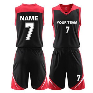 Ensemble de maillots de basket-ball sublimés personnalisés, noir et rouge, col en V, sans manches, évacuation de l'humidité, vêtements d'équipe unisexes pour adultes - Product Image 1