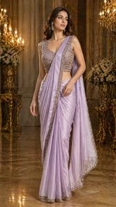 Sari en soie vert clair élégant avec broderie dorée pour mariage, coupe classique, longueur au sol, provenant d'Inde et du Pakistan - Product Image 3