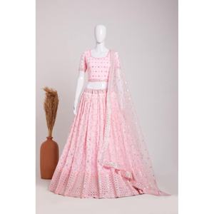 ชุดแต่งงาน Georgette เย็บปักถักร้อยชุด lehenga choli กับ dupatta Peach - Product Image 1