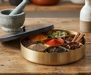 Boîte de rangement pour épices ronde en métal de qualité supérieure avec couvercle noir et intérieur doré, organiseur traditionnel pour la cuisine - Product Image 5
