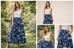 Designer Blue Jungle Print Cotton Maxi <b>Skirt</b> Women High Waist Frill Layer Boho Long <b>Skirt</b> Casual Summer Wear - Product Image 5