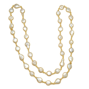 Collier de perles de forme irrégulière de haute qualité, 32 pouces de long, avec sertissage sans fin, en laiton plaqué or, style vintage, pour soirée, unisexe - Product Image 1