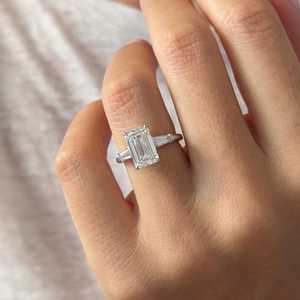 3 Carat <b>Emerald</b> Cut Lab Diamond and Tapered Baguettes Three Stone <b>Ring</b> in White Gold, IGI Certified - Product Image 1