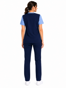 Blusa Médica Azul Marino para Mujer con Mangas Azul Claro y Diseño de Cuello en V, Uniforme Sanitario y Conjunto de Ropa de Trabajo para Enfermeras - Product Image 2