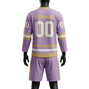 Men Purple Gold Sublimated Ice Hockey Jersey Shorts Set V Neck Striped Polyester <b>Athletic</b> Team Wear Performance Sports Apparel - Product Image 2