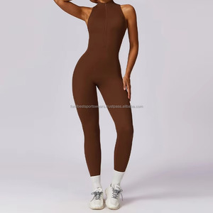 FONILBEST Combinaison de yoga dos nu pour femme, avec fermeture éclair quart de tour, dos nageur, longueur intégrale, couleur unie, taille haute, vêtement de sport - Product Image 4
