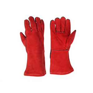 Red Leather <b>Welding</b> <b>Gloves</b> With Cotton Liner Straight Thumb Protection Lengthened Stitching Gardening <b>Welding</b> - Product Image 5