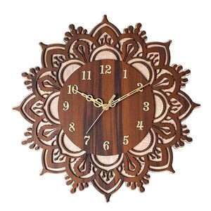 Olive Wood Mandala Art Deco Wall <b>Clock</b> <b>Electric</b> Analog Single Face Plug Powered Decor for Living Room - Product Image 1