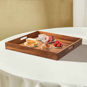 Plateau carré en bois d'acacia fait à la main avec poignées pour servir ou usage décoratif dans la cuisine, la salle à manger ou l'espace ferme - Product Image 2