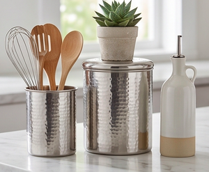 Ensemble de 4 récipients de rangement en acier inoxydable avec finition martelée, parfait pour l'organisation des ustensiles de cuisine et des accessoires de maison - Product Image 4
