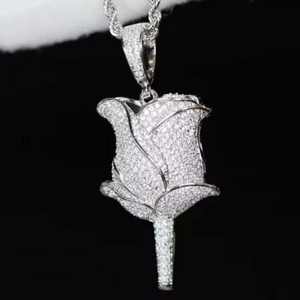 Collier en argent avec pétales de rose rose et pendentif d'amour, chaîne en corde de 3 mm, moissanite glacée, bijoux hip-hop pour hommes, cadeaux - Product Image 4