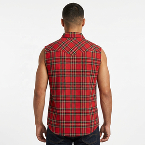 Chemise en flanelle à carreaux sans manches pour homme avec logo personnalisé, rouge et noir, coupe classique, boutonnée, col rabattu, 100% coton, tee-shirt en flanelle pour homme - Product Image 2