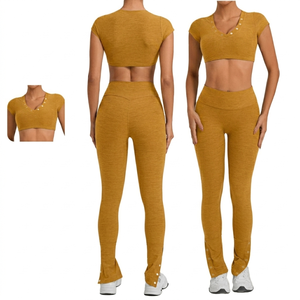 Spandex Made <b>Yoga</b> <b>Set</b> For Women In Cheap Price Gym Fitness <b>Set</b> with Custom Front Logo Slim Fit Top & Shorts Spandex/Nylon - Product Image 1