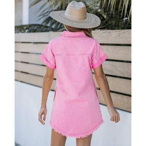 2025 femmes décontracté été Midi Denim robe boutonnée manches courtes avec poches ourlet effiloché Style Y2K - Product Image 4