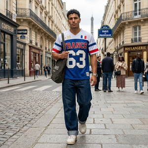 Maillot de football France unisexe, imprimé sublimé drapeau, 100% polyester mesh, manches courtes, col en V, séchage rapide, respirant, pour l'été - Product Image 2