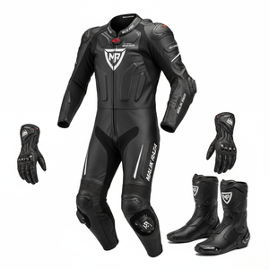 Ensemble complet de vêtements de moto en cuir pleine fleur (combinaison, gants, chaussures) - Certification CE garantie - Product Image 1