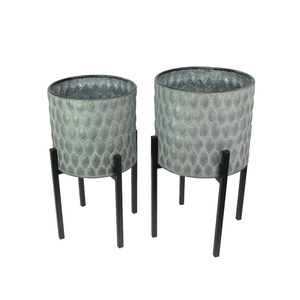 Wholesale Set of 2 Galvanized Metal Planters with Black Metal Stands Flower <b>Pots</b> with Stamped Leaf Pattern For Indoor & Outdoor - Product Image 1